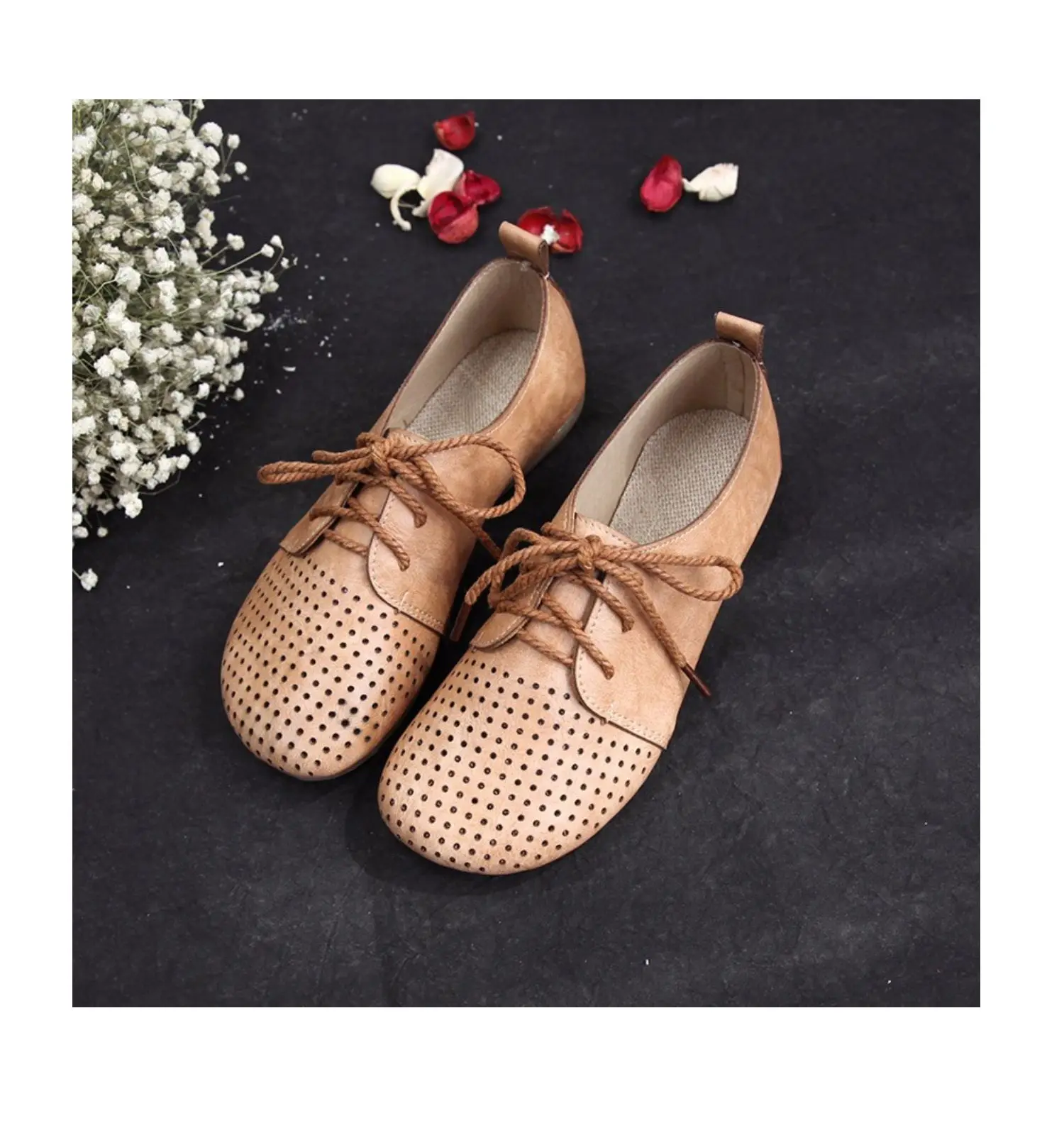 Careaymade-New women's Retro hollow hole lace up single shoes women's literature art flat bottom breathable soft bottom shoes