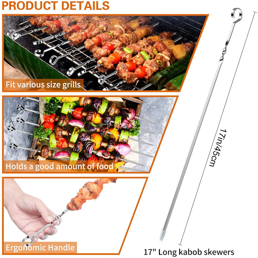 10pcs BBQ Skewers Reusable Stainless Steel Barbecue Sticks Flat Cooking Grill Skewers Home Camping Kitchen Tools