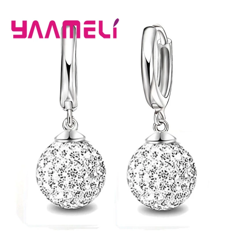 Pendientes de plata de ley 925 para mujer y niña, aretes de cristal austríaco Bola de discoteca pavé, con palanca trasera, joyería