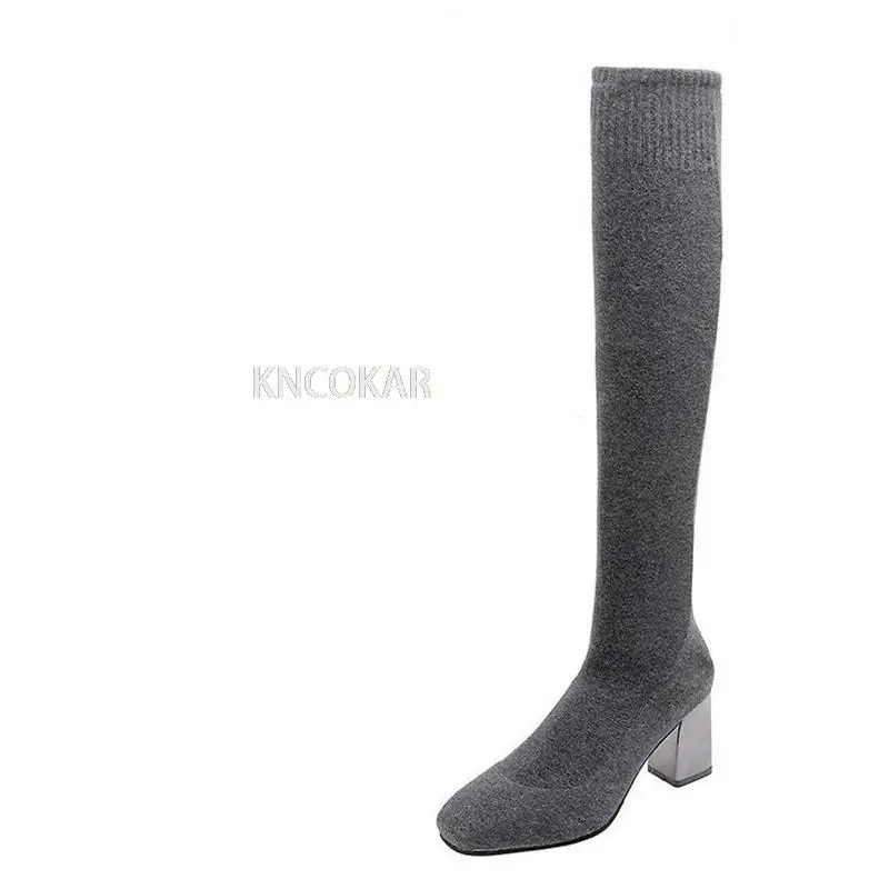 2021 new long tube knitted wool over the knee elastic stockings boots round head thin high-heeled thin boots