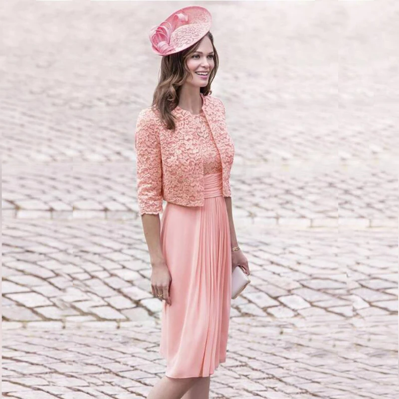 Robes mère de la mariée en dentelle courte, charmante, longueur aux genoux, avec veste, manches trois-quarts, robe de soirée de mariage, col à bijoux