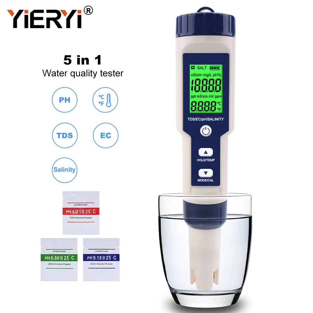 Yieryi 5 in 1 TDS EC PH Salinity Temperature Meter Digital Water Quality Monitor Tester for Spa Pools Aquariums