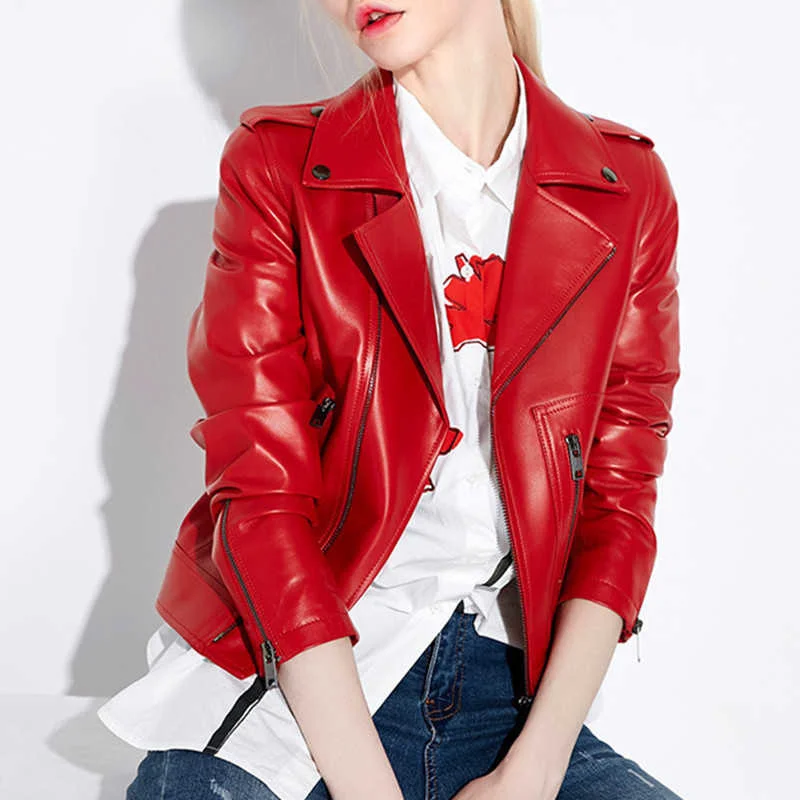 

2023 New Fashion Womens Autumn Soft Genuine Leather Jackets Coats Lady Red Streetwear Zipper Motorcycle Biker Short Basic Coat