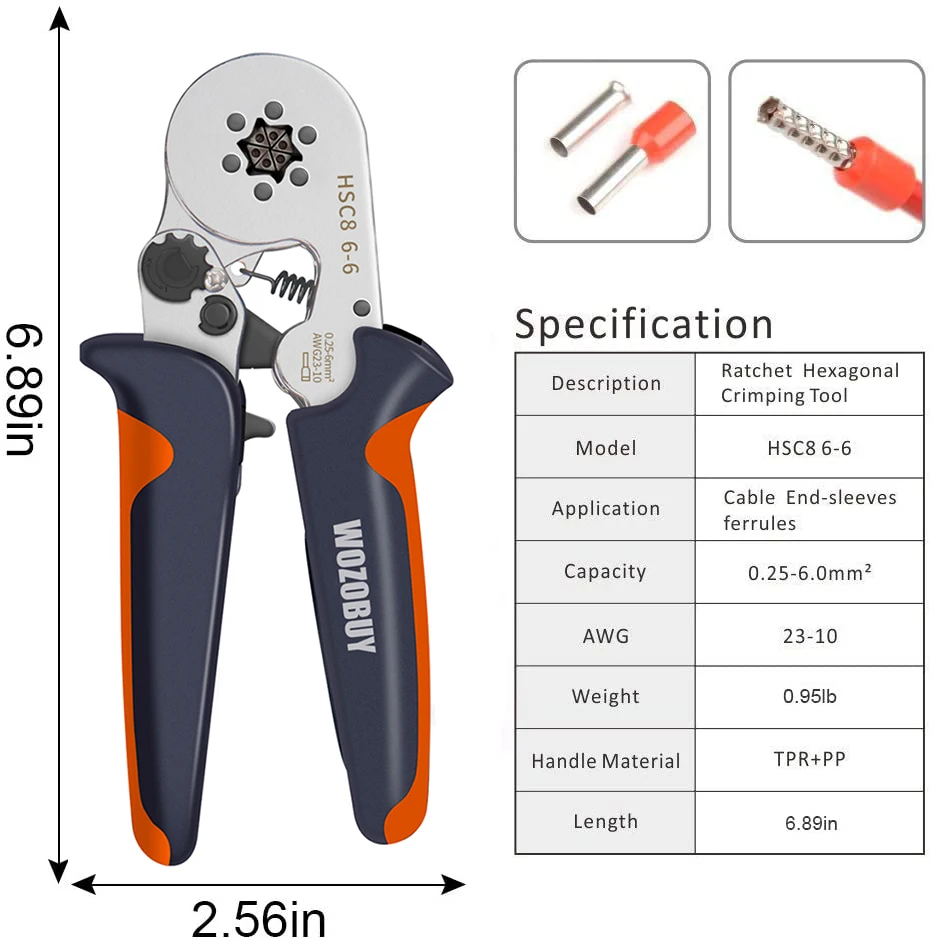 Hexagonal Ferrule Crimp Tool Wire Ferrule Crimping Tool HSC8 6-6/6-4 Self-adjustable Ratcheting Crimper for AWG23-10 0.25-6.0mm²