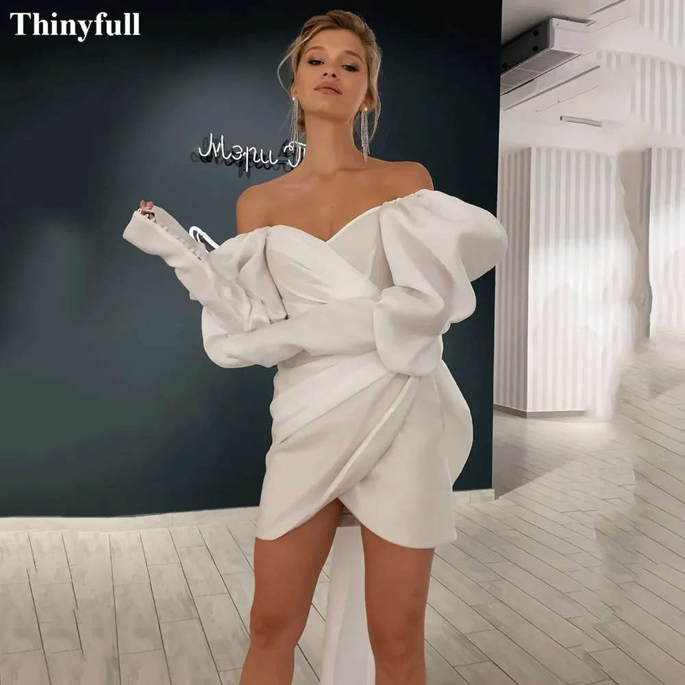 Thinyfull-Mini vestidos de novia de manga larga con lazo grande, vestidos de novia por encima de la rodilla, vestido de novia de princesa, color marfil