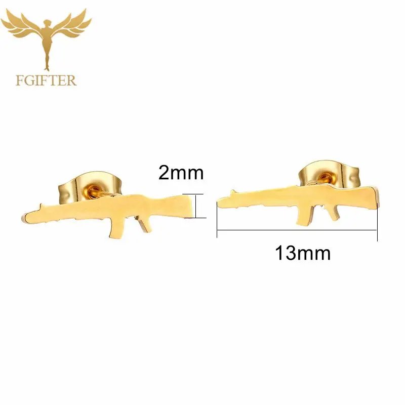 Rock Women Men Jewelry AK 47 Rifle Gun Design Stud Earrings For Boys Golden Stainless Steel Earings Wholesale 12 Pairs Pack image 3