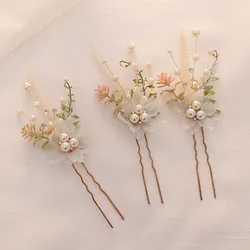 Flower Hairpin Bride Headdress For Women Pearl Mesh U-shaoped Hair Clips Fashion Girls Wedding Hair Accessories Jewelry