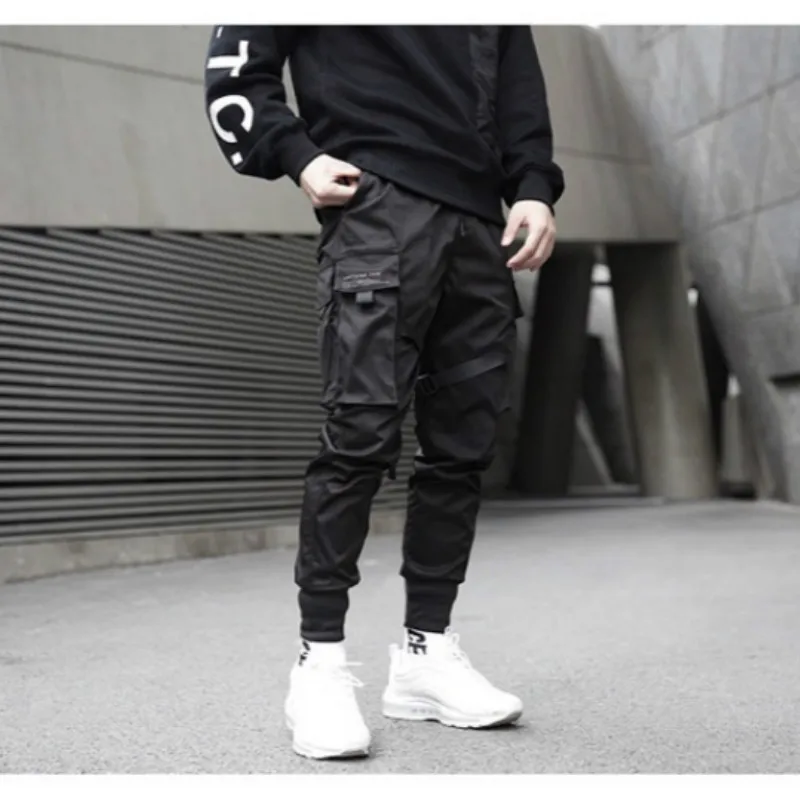 Prowow Men Ribbons Streetwear Cargo Pants  Autumn Hip Hop Joggers Pants Overalls Black Fashions Baggy Pockets Trousers