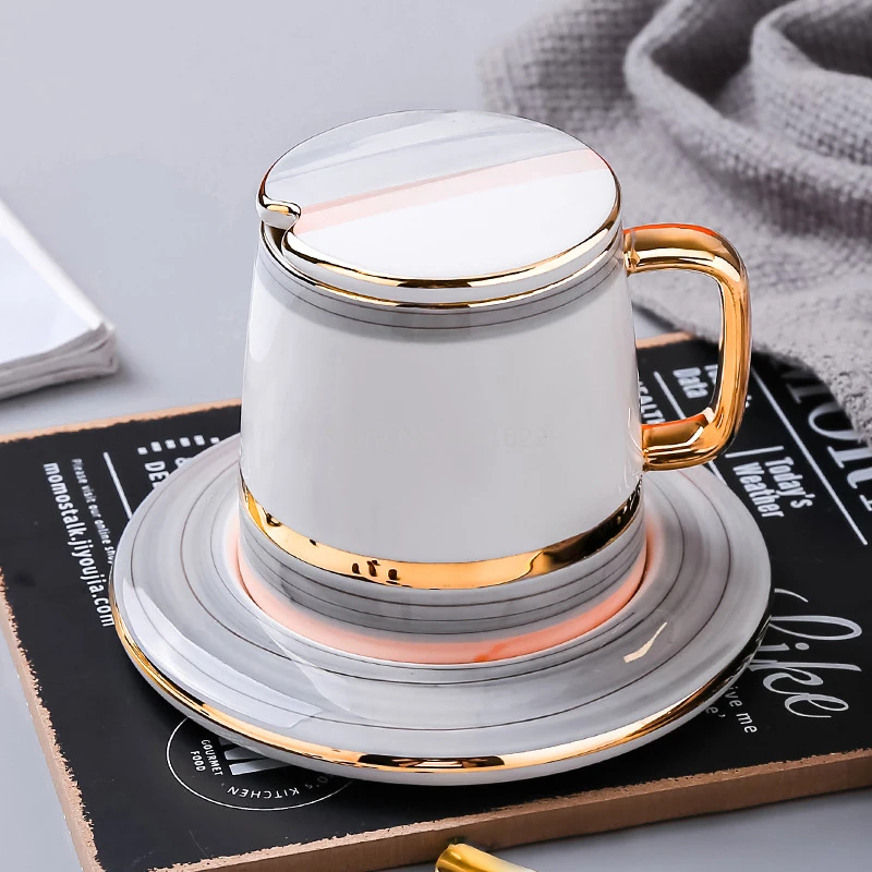 European Pearl Glaze Ceramics Coffee Cup Sets 3pcs with Lid Dish Spoon Suit Mugs Milk Tea Coffee Drinkware 400ml