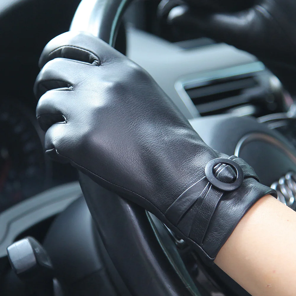 Real Leather Gloves Female Autumn Winter Imported Lambskin Thermal Windproof Black Women Driving Sheepskin Gloves EL061NC