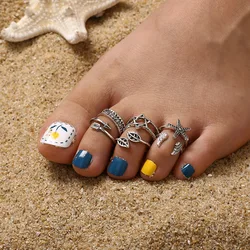 Vintage Hollow Carved Star Leaves Toe Rings Kits Bohemian Adjustable Open Finger Ring for Women Boho Beach Foot Ring Jewelry