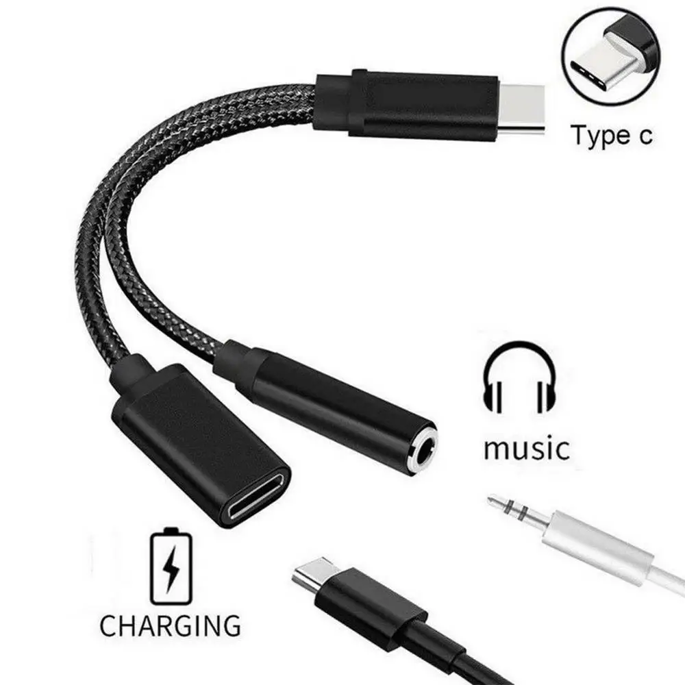 نايلون 2 في 1 Type-C إلى 3.5 مللي متر شاحن سماعة الصوت جاك USB C كابل نوع-C إلى 3.5 مللي متر موصل محول للهاتف المحمول