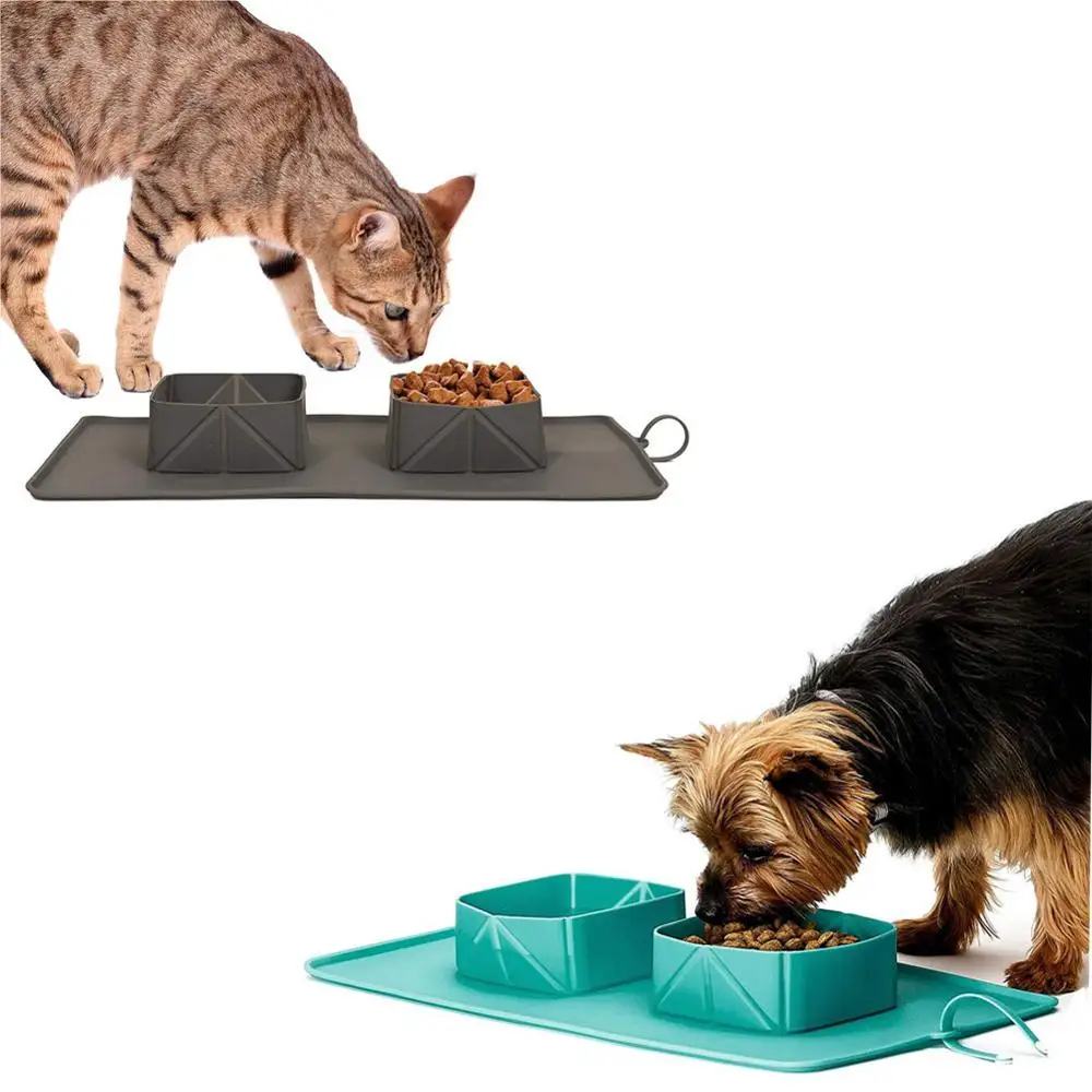 Pet Dog Bowl Foldable Silicone Bowls Portable Outdoor Travel Puppy Dogs Food Water Container Feeding Double Bowls Feeder Dishes