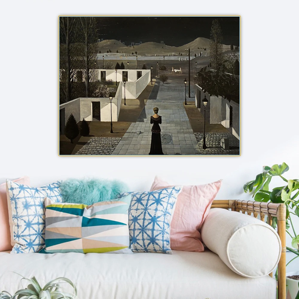 

Citon Paul Delvaux《Landscape with Lanterns,1958》Surrealism Canvas Oil Painting Picture Background Wall Decor Home Decoration