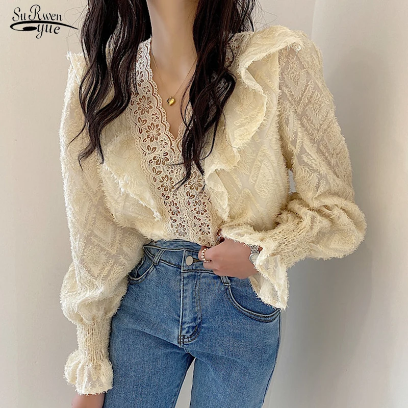 

Fashion Ruffle Stitching Sweet Blouse Women V-neck Lace Tops Autumn Flare Sleeve Shirts Hollow Out Korean Blouse blusas 17709