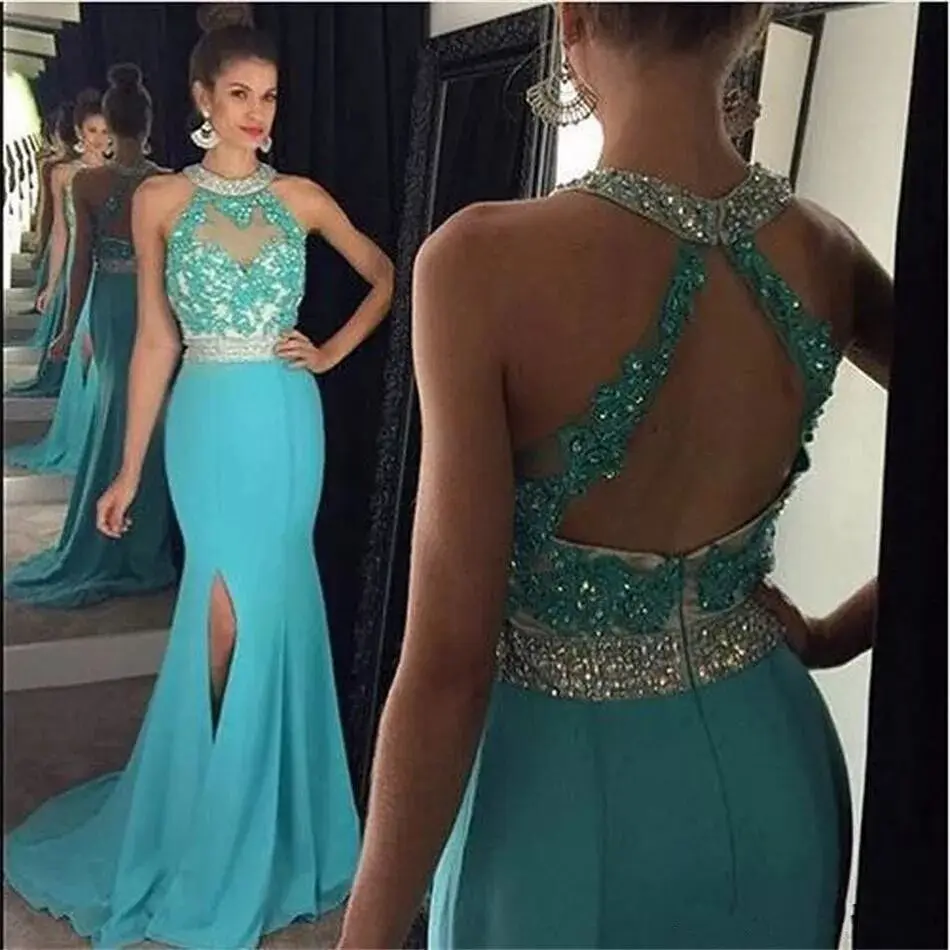 MYYBLE 2022Turquoise Robe De Soiree Mermaid Halter Chiffon Lace Beaded Backless Sexy Long Prom Dresses Prom Gown Evening Dresses