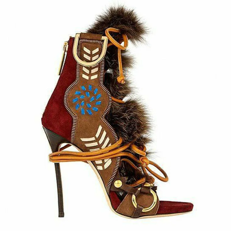 Sexy Ring Buckle With Fur Multi-colors Lace Up Sandals Open Toe High Heels Side Rivets Studs Patchwork Cut-outs Sandal Booties