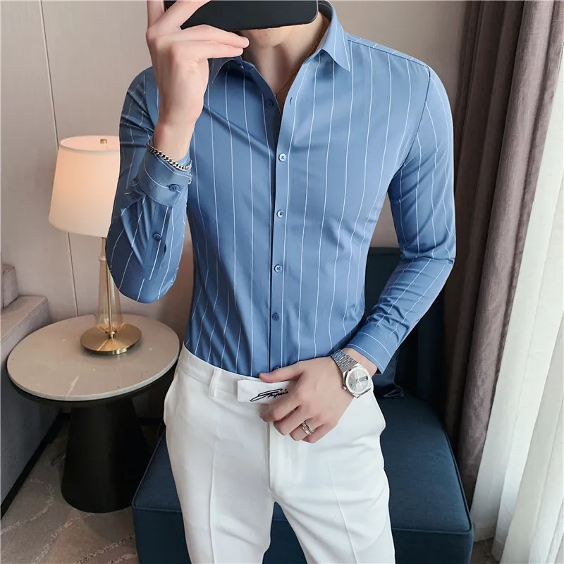 

2021 High quality ice silk Style Handsome Fashion Mens Shirts Button Down Slim Fit Long Sleeve Striped Shirts Asain Size S-4XL