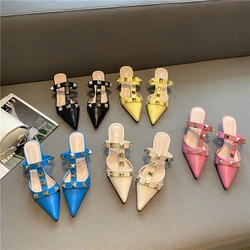 2021 New Rivet Pointed Thin Heel Baotou Half Slipper Female Middle Heel Shallow Mouth Lazy Mueller Shoes