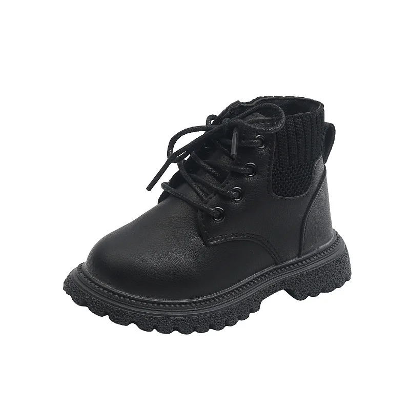 Girls Short Boots Children Leather Short Boots 2024 New Baby Autumn Black Single Knitting Boots Kids Warm Winter Cotton Shoes