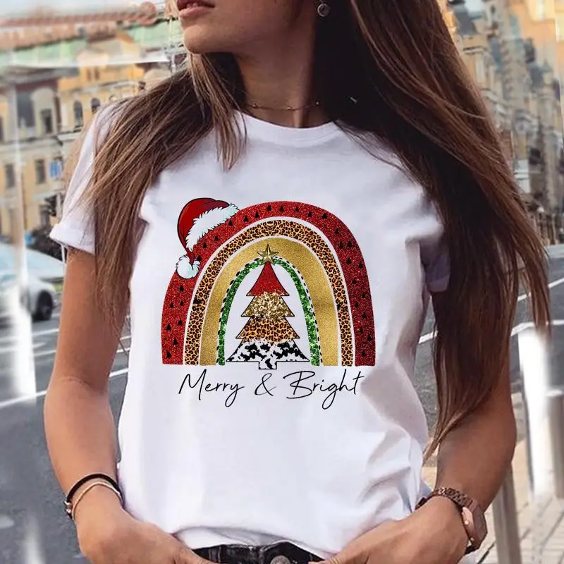 

Golden Christmas Tree Print Tshirt Women Kawaii Clothes Holiday Tops Tee Tshirt Fashion Style 90s Sweet New Year Festival Female