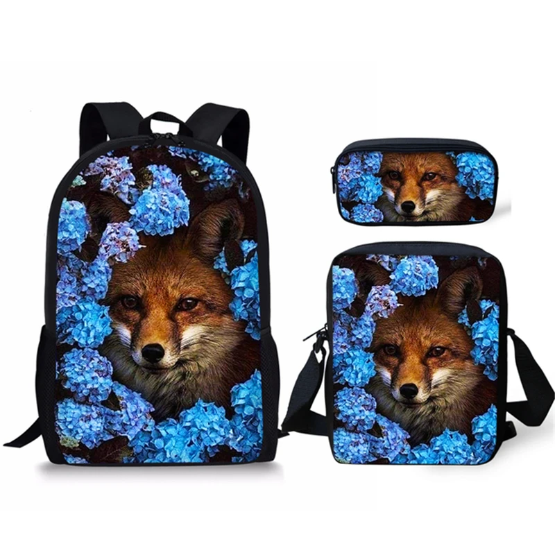 ELVISWORDS de Fox zorro lindo Floral 3D impreso Set de mochilas escolares para niños niñas bolso niños mochilas para niños mochila hombro bolso