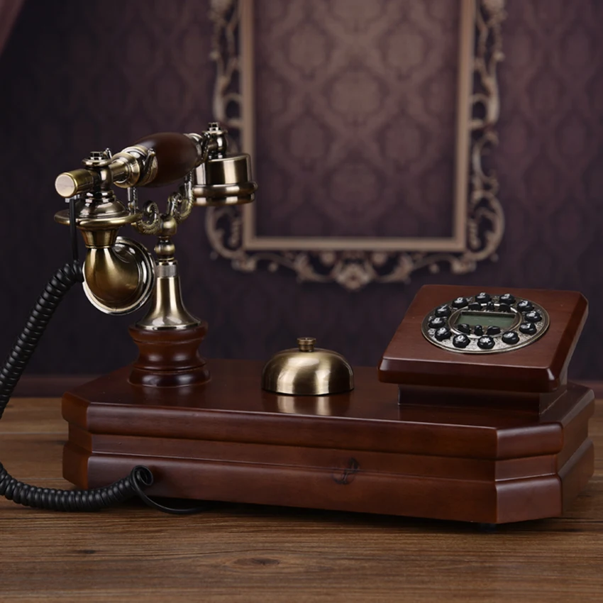 Wooden Retro Desk Phone Vintage Single Landline Telephone with Push Button Numbers, Caller ID, Decoration Telephone for Home