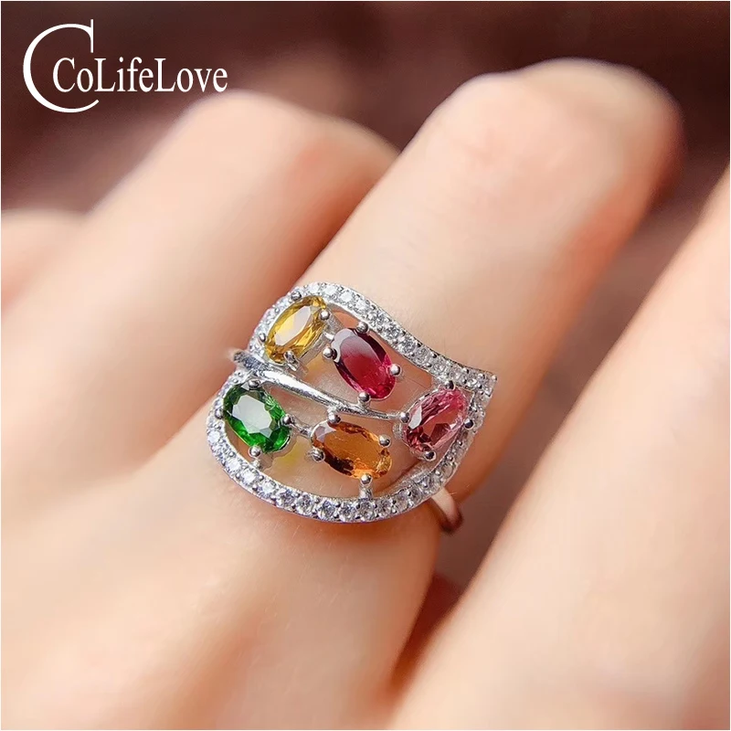 CoLife Jewelry 925 Silver Leaf Ring for Daily Wear 5 Pieces Natural Tourmaline Ring Fashion Silver Ring with Gemstone