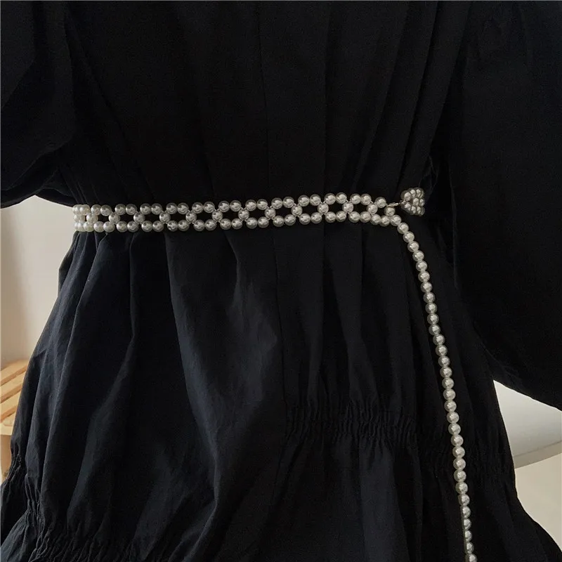 Women's Runway Fashion Pearl Knitted Cummerbunds Female Dress Corsets Waistband Belts Decoration Narrow Belt R203