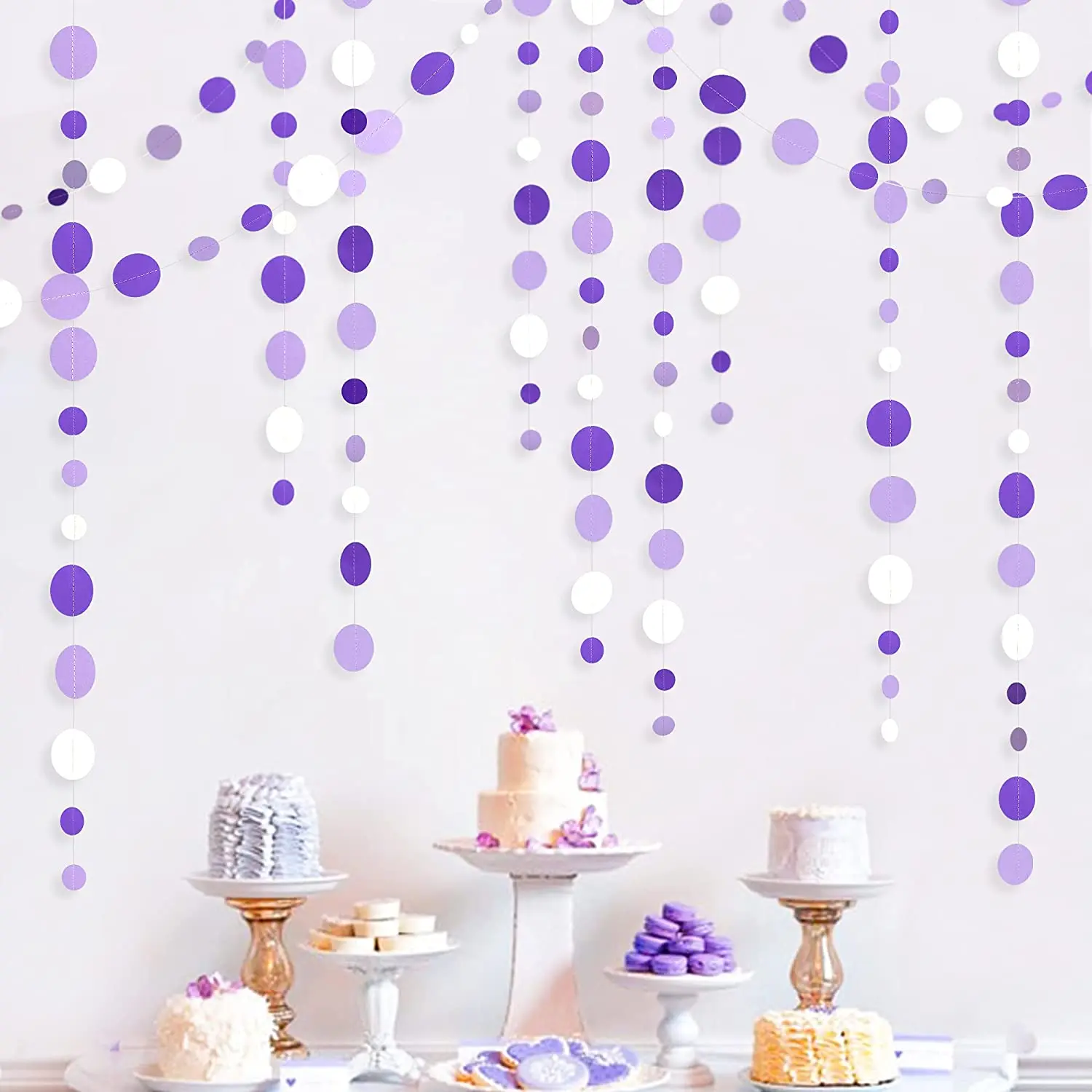 Purple White Birthday Wedding Baby Bridal Party Decorations Paper Circle Love Garland Lavender Hanging Paper Polka Leaf Streamer