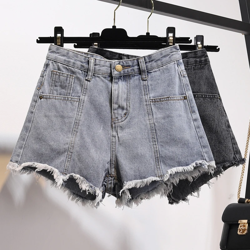 

Summer new fashion High waist denim shorts female Korean Loose women’s Raw edge Jeans Leisure Personality pocket Wide leg Shorts