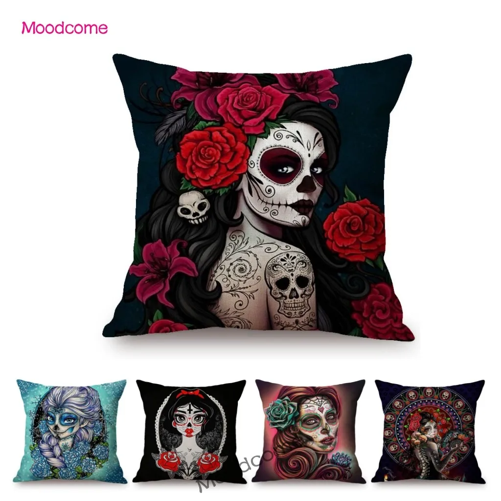 Funky Floral Skull Fairy Tale Princess Home Decorative Cotton Linen Sofa Throw Pillow Cover Fashion Girl Scary Art Cushion Cover