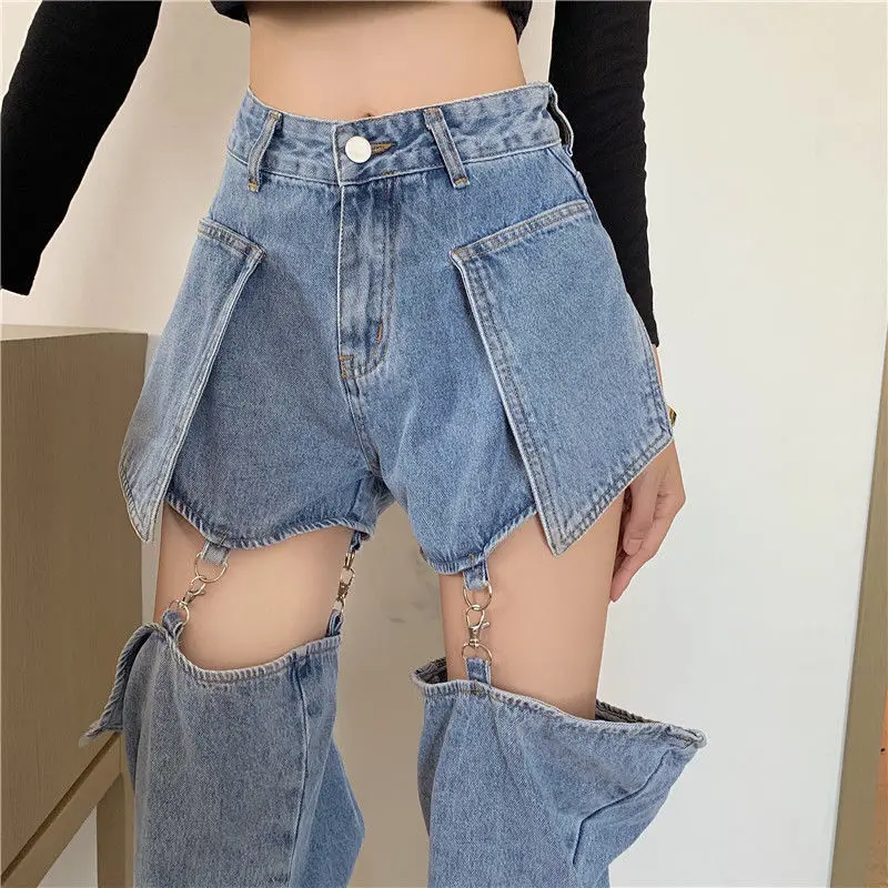 Pantalones vaqueros holgados de pierna ancha para mujer, ropa de calle de moda para niña, pantalones de cintura alta extraíbles para novios, Hip-hop Chic finos