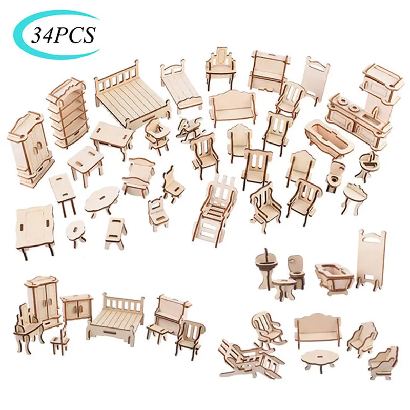 34PCS Set 3D Wooden Puzzle Toy 1:12 Mini Wooden Furniture 3D Building Model Doll House Accessories DIY Children Educational Toys