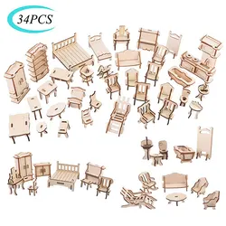 34PCS Set 3D Wooden Puzzle Toy 1:12 Mini Wooden Furniture 3D Building Model Doll House Accessories DIY Children Educational Toys