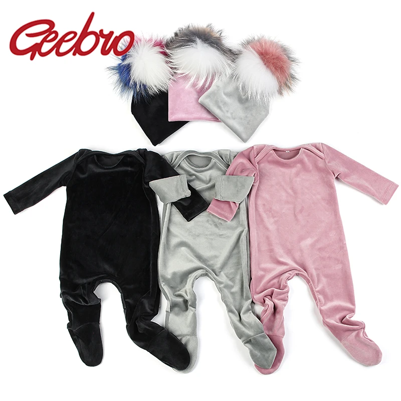 Baby Girls Long sleeves Jumpsuits pajama Soft Warm Velvet Stretches Bodysuits Clothes Boys Three Color Pompom Beanies set