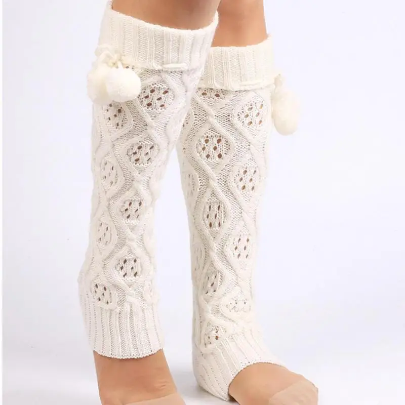 Meisjes Gebreide Kneepad Warm Been Warmer Diamond Twisted Lange Voet Cover Met Bal Winter Boot Warmer Voor Vrouwen