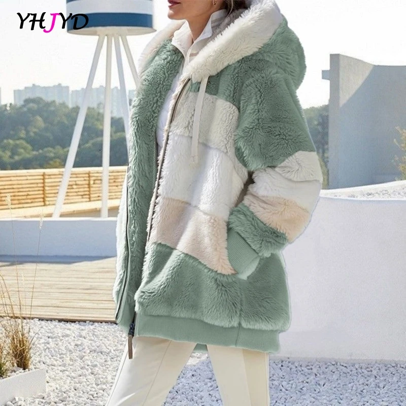 Faux Fur Zipper Cardigan Coat for Women Winter Warm Patchwork Hooded Jacket Outwear Plush Overcoat with Pocket Outdoor Outfits