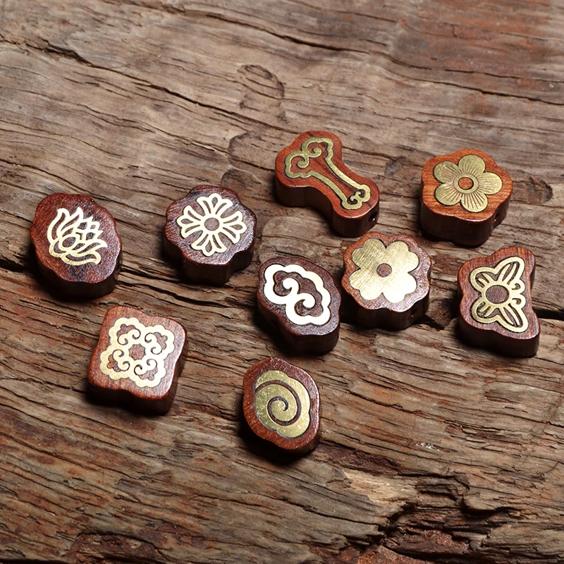MZ201 Nepal Inlaid Copper Beads Natural Rosewood Beads Tibetan Bead Antique Golden For Jewelry Making DIY Bracelet Yoga Necklace