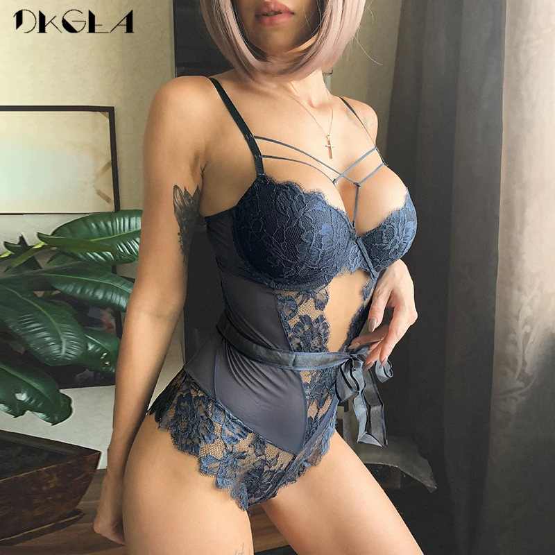 

Blue Women Jumpsuit Sexy Hollow Out Embroidery Bodysuit Push Up Bra Straps Bodysuits Lace Underwear Elasticity Mesh Transparent