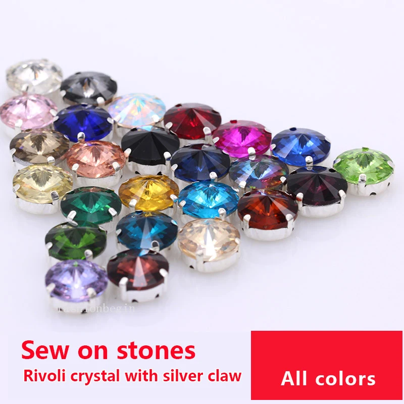 24Color 6-25MM Sew On Rivoli Round Silver Setting Rhinestone Crystal/Diamantes/Montees/Jewelrys/Wedding Dress Shoes Bag Diy Trim