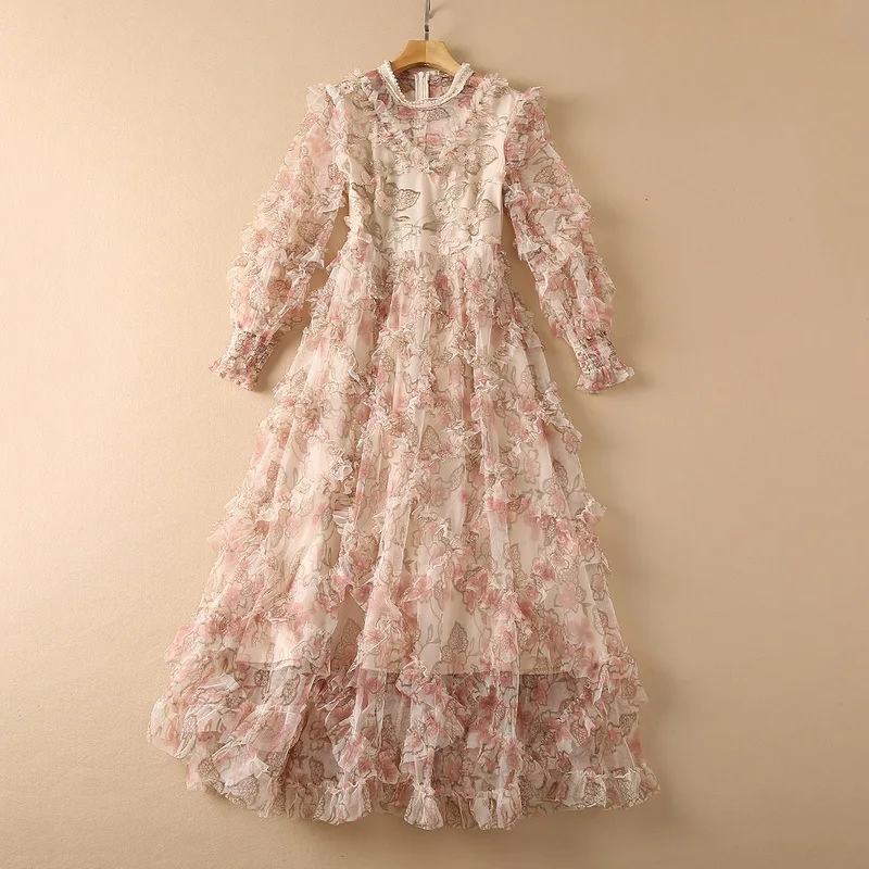 

European and American women's wear new autumn 2022 Long sleeve lantern sleeve flower embroidery nail bead Fashionable pink dress