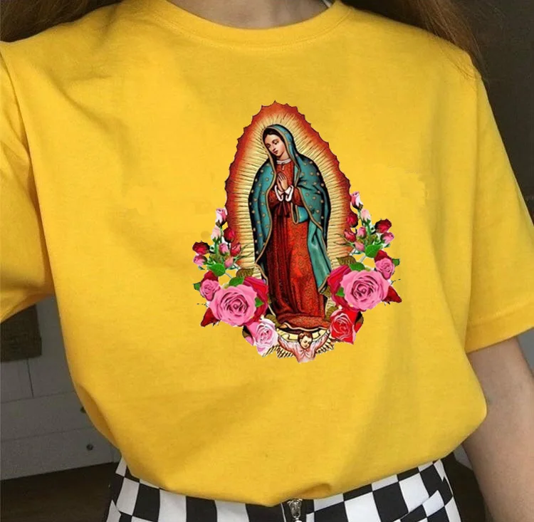 kuakuayu HJN Our Lady Of Guadalupe Saint Virgin Mary With Roses T-Shirt Casual Short Sleeves Christian Tee Catholic Faith Shirt