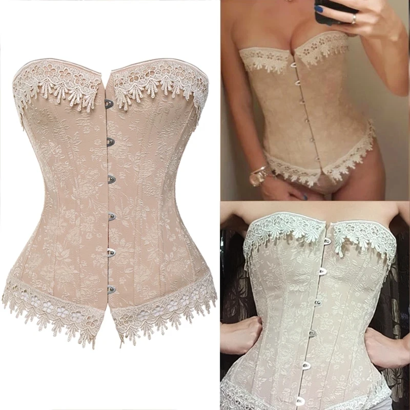 Sexy Overbust Corset Women Jacquard Lace Up Apricot Corset Top Waist Trainer Body Shaper Slimming Gothic Clothes Waist Cincher