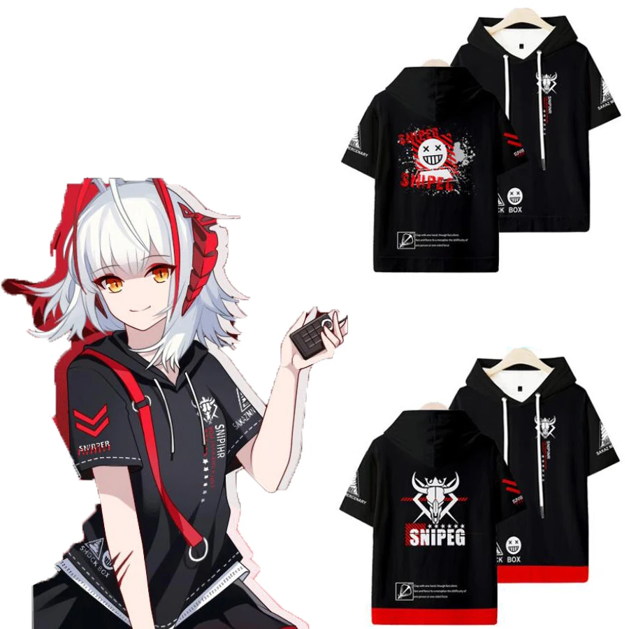 Anime Arknights W Cosplay estate manica corta T-shirt con cappuccio uomo donna Graphic Tees Unisex Pullover allentato top uniforme per studenti