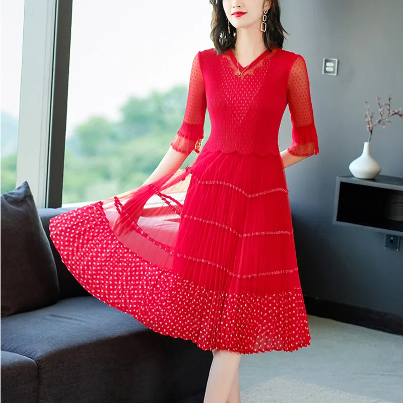 

2022 Slim V-neck A-Line Women Noble Dress Spring Summer New Medium Length Femme Loose Pleated Skirt Female Robe Vestidos