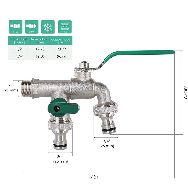 1/2 Inch Double Outlet Tap Rust And Frost Protection High Quality Brass Faucet With Double Connection And Hose Nozzle