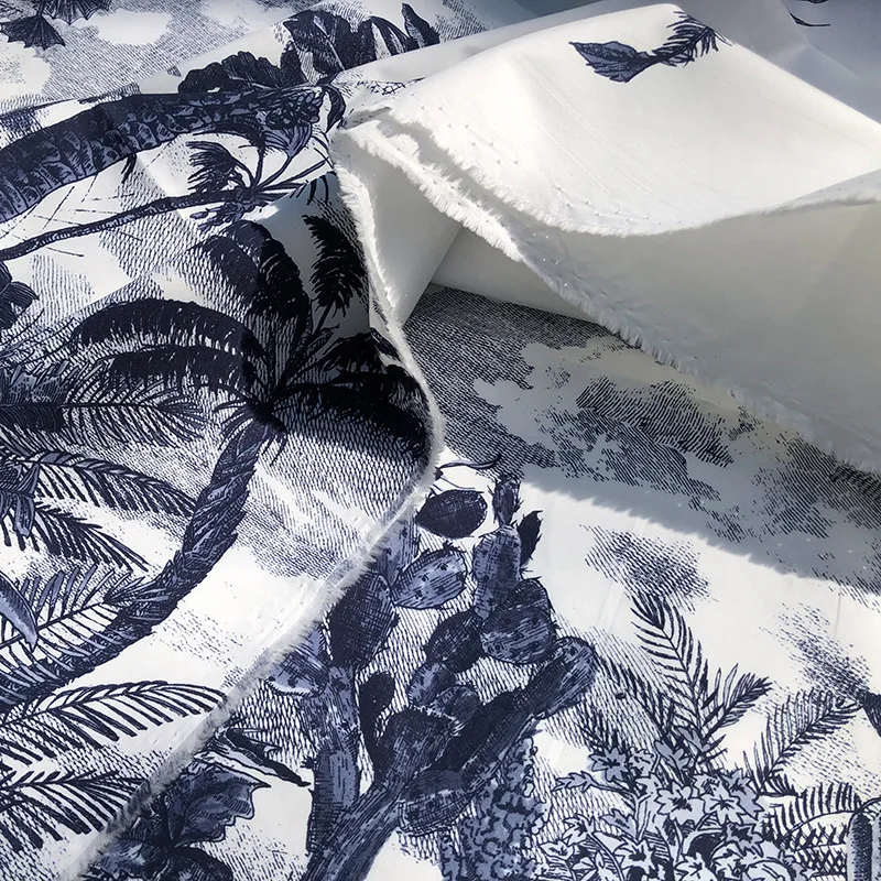 Natural Organic Cotton Tropical Plant Printed Fabric French Brand Fashion Clothing Polyester satin Cloth for Dress Sew Material