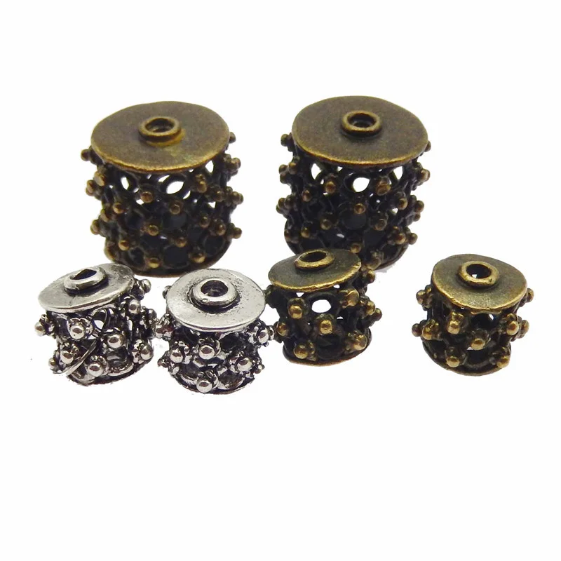 6PCS Copper Filigree Drum Roller Beads Hollow Antique Accessories Bracelet Charms Necklace Pendant Jewelry Making Findings