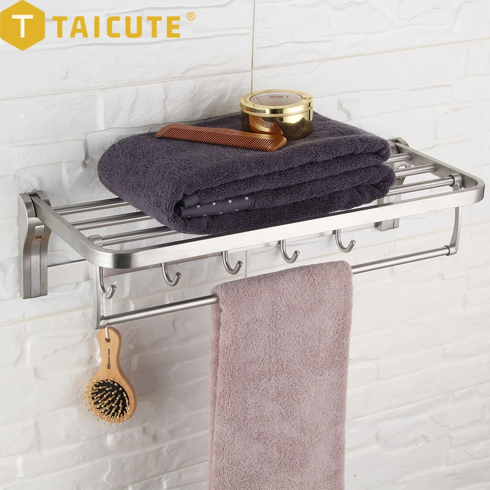 TAICUTE Towel Rack Shelf with Hooks Movable Bar SUS 304 Stainless Steel Holder Wall Mount Bathroom Accessories Black